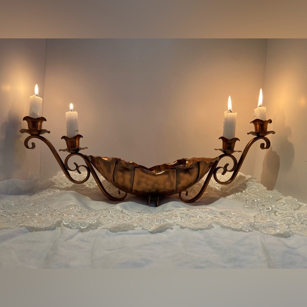 Vintage 4 taper candle holder Table center piece embossed‎ Gregorian copper